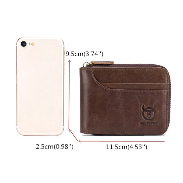 (image for) BULLCAPTAIN Men Short Wallet RFID Blocking Card Holder Cowhide Coin Purse Retro Genuine Leather Clutch Zipper Male Money Bags